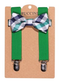 Green Kids Suspender with Plaid Bowtie