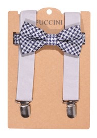 Silver Houndstooth Check Kids Bowtie Set