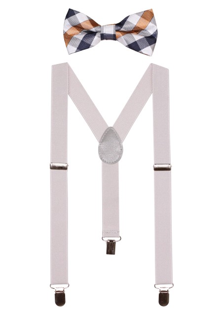 Silver Plaid Kids Bowtie Suspender Set