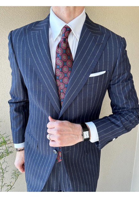 Foulard Weave Tie in Navy, Red, Gold, and Lilac Styled with Navy Pin Stripe Suit