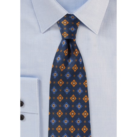 Vintage Print Tie in Navy and Orange