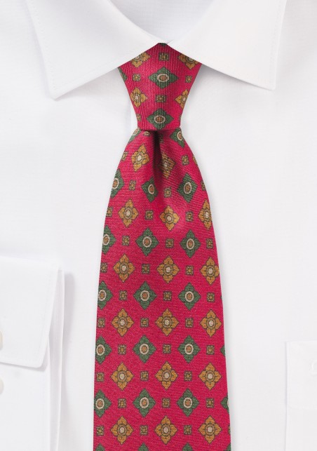 Red and Green Floral Print Silk Tie