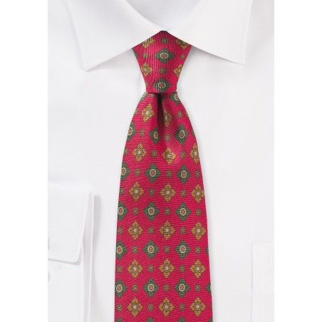 Red and Green Floral Print Silk Tie