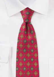 Red and Green Floral Print Silk Tie