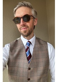 Burgundy and Violet Striped Tie Styled by Steve Tilly in Glenn Plaid Vest