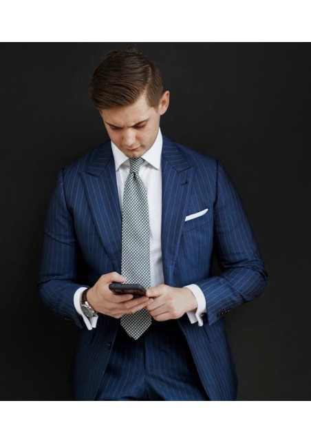 Dark Blue and Silver Houndstooth Check Tie Styled with Pinstripe Suit