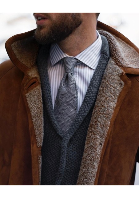 Wool Glen Check Tie in Black and White Styled with Cardigan and Jacket
