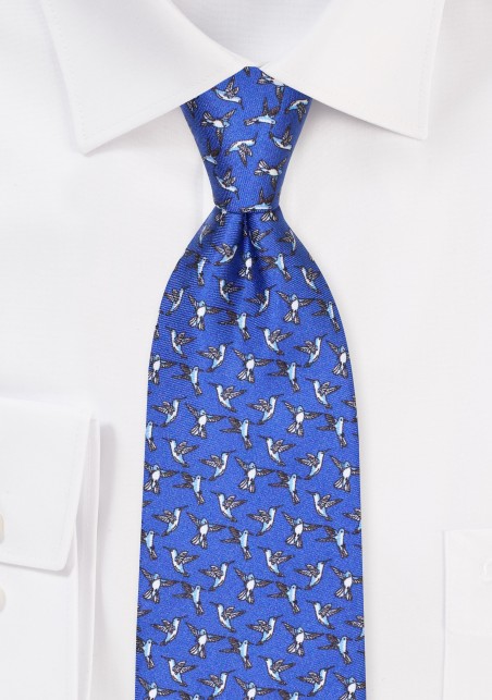 Blue Silk Tie with Hummingbird Print