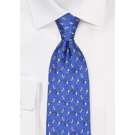 Blue Silk Tie with Hummingbird Print