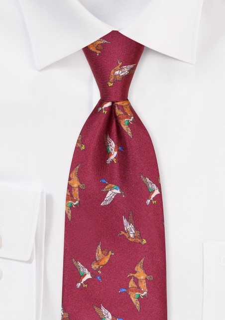 Wine Red Silk Print Tie with Flying Mallard Ducks