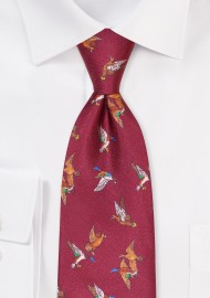 Wine Red Silk Print Tie with Flying Mallard Ducks