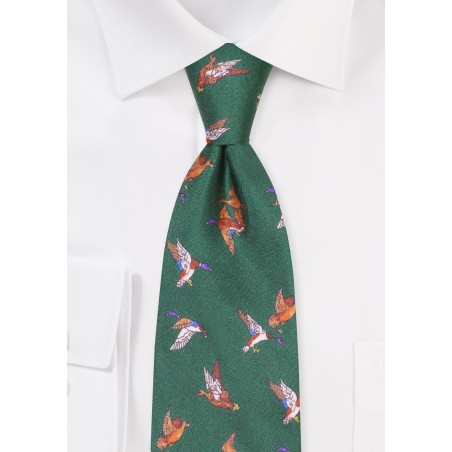 Hunter Green Silk Tie with Duck Print