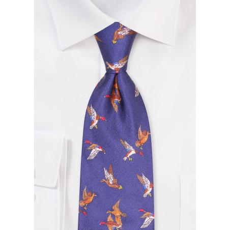 Navy Silk Print Tie with Flying Mallard Ducks