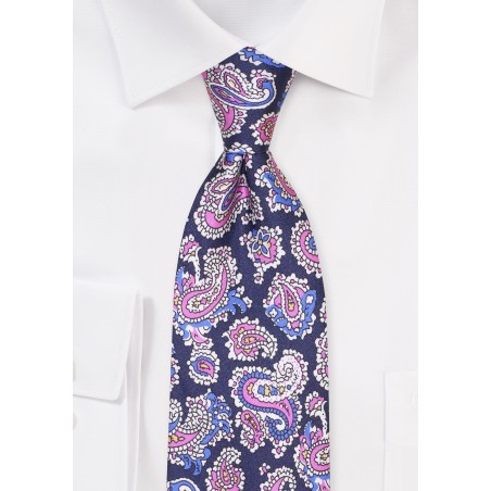 Intricate Paisley Print Tie in Navy, Pink, White