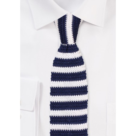 Navy and White Striped Silk Knit Tie