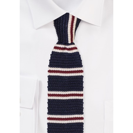 Striped Knit Silk Tie in Navy, Cream, Burgundy