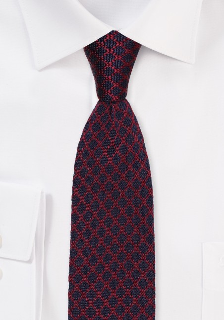 Navy and Cherry Checkered Silk Knit Tie