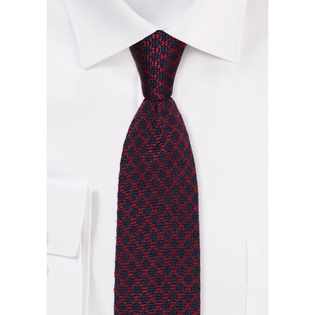 Navy and Cherry Checkered Silk Knit Tie