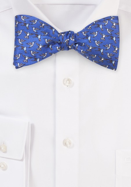 Blue Self Tie Bowtie with Tiny Hummingbirds