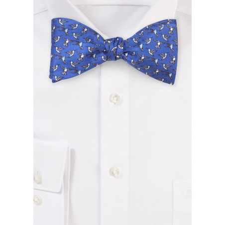 Blue Self Tie Bowtie with Tiny Hummingbirds