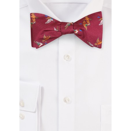 Self Tie Silk Bow Tie with Flying Ducks in Burgundy