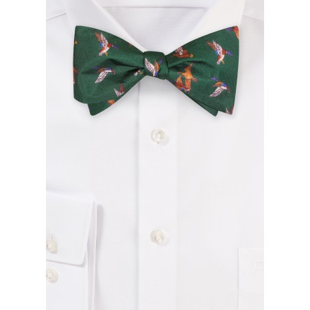 Self Tie Silk Bow Tie with Flying Ducks in Hunter Green