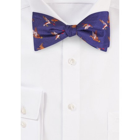 Self Tie Silk Bow Tie with Flying Ducks in Navy