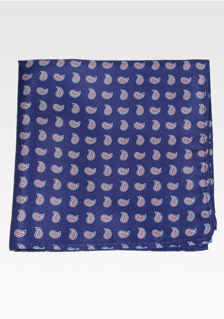 Navy Hanky with Coral and Gray Paisley Print