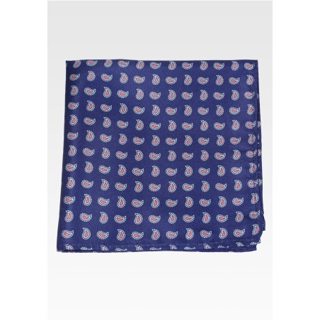 Navy Hanky with Coral and Gray Paisley Print