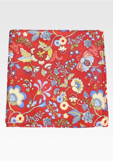 Vintage Floral Print Hanky In Red and Gold