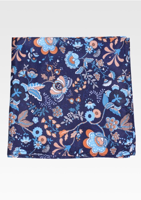Navy Pocket Square with Vintage Floral Print