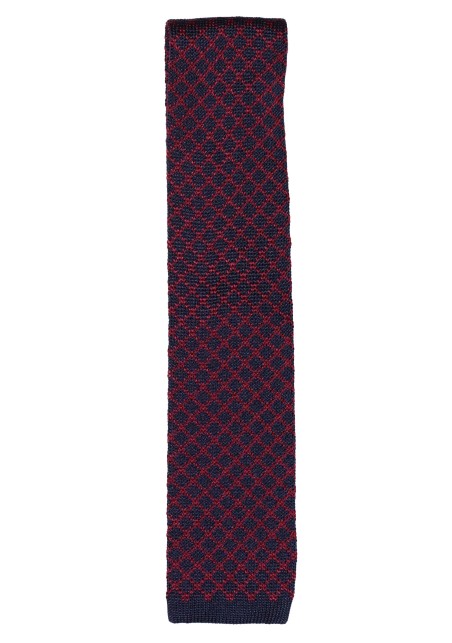 Navy and Cherry Checkered Silk Knit Tie; Flat cut Tip of Tie