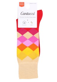 Diamond Check Dress Socks in Reds, Orange, Yellow Packaging