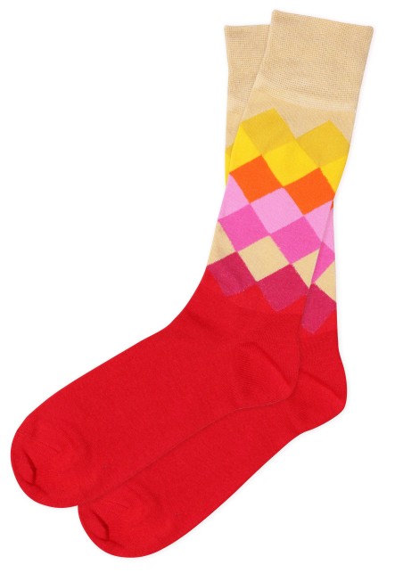 Diamond Check Dress Socks in Reds, Orange, Yellow