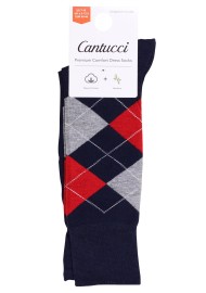 Argyle Check Dress Socks in Navy, Cherry, and Gray Packaging
