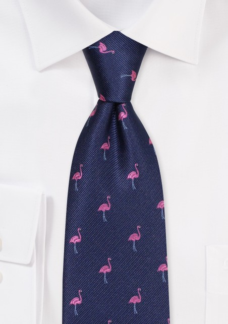 Navy Tie with Embroidered Flamingos