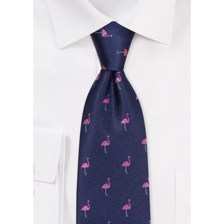 Navy Tie with Embroidered Flamingos