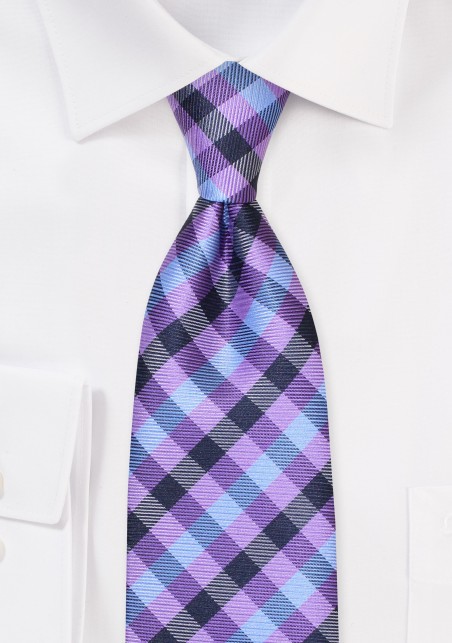 Gingham Check Tie in Purple and Light Blue