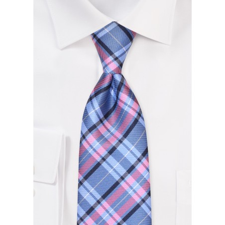 Tartan Plaid Kids Tie in Light Blue and Pink