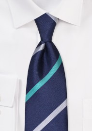 XL Tie in Navy, Silver, Turquoise Stripe