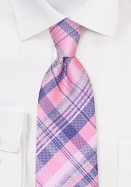 Plaid XL Tie in Soft Pink, Light Blue, Silver