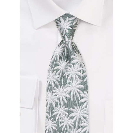 Green Linen Silk Tie for Kids with Palm Trees