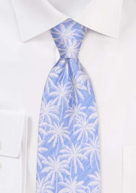 Light Blue Palm Tree Linen Tie in XL Length