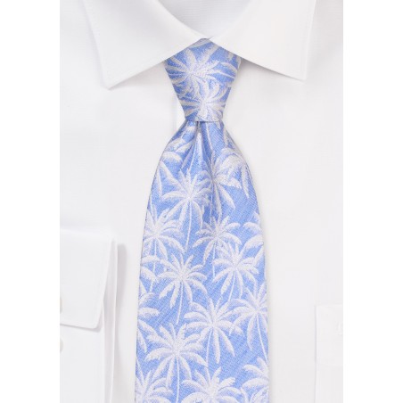 Light Blue Linen Silk Tie for Kids with Palm Trees