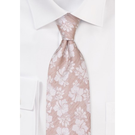 Tan Linen Tie in Red with Hibiscus Flower Design