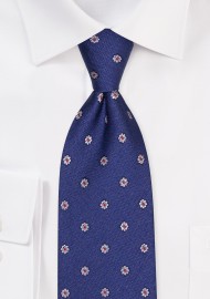 Royal Blue Linen and Silk Tie with Woven Flowers