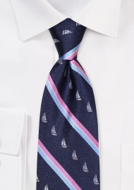 Repp Stripe Tie with Embroidered Sailing Yachts