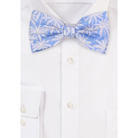 Light Blue Linen and Silk Bow Tie with Palm Trees