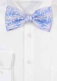 Light Blue Linen and Silk Bow Tie with Palm Trees