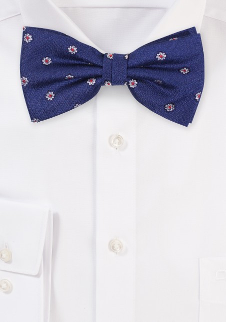 Blue Floral Bow Tie with Silk and Linen Weave
